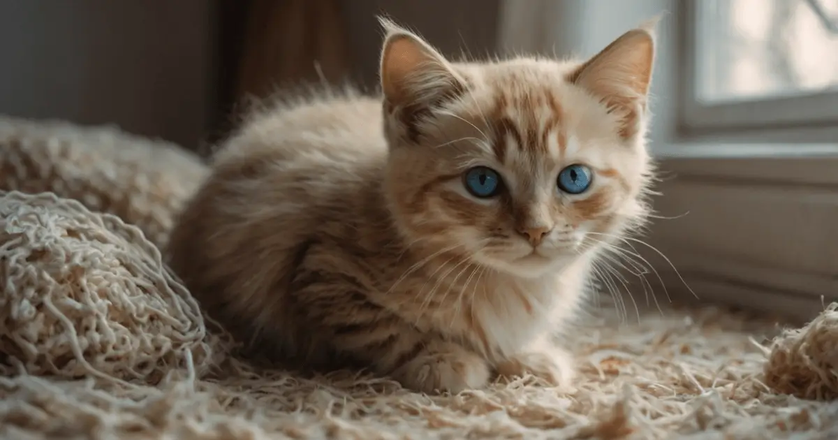Ein süße Katzenbabys mit cremefarbenem Fell und blauen Augen, das seine ersten Schritte auf einem kuscheligen Teppich in einer warmen Umgebung macht.