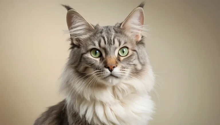 Sibirische Katze mit grünlichen Augen und dichtem Fell vor einem neutralen Hintergrund.