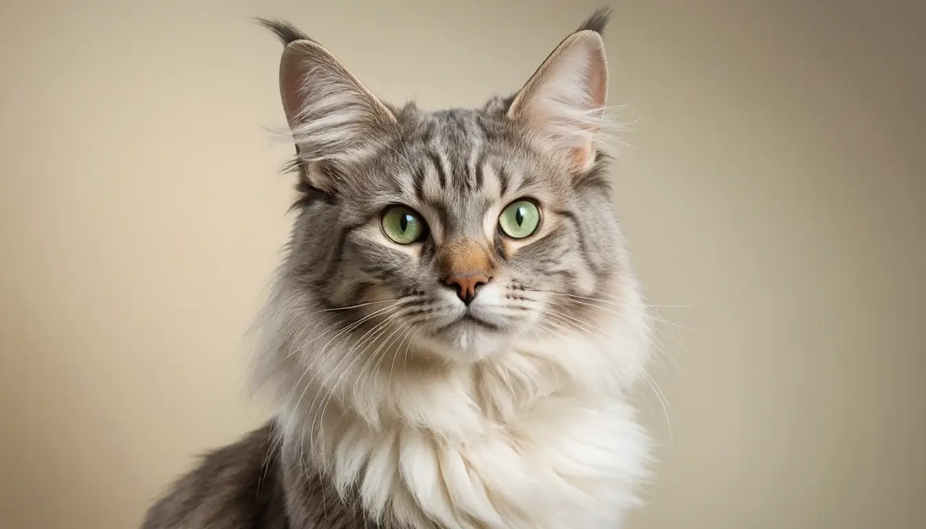 Sibirische Katze mit grünlichen Augen und dichtem Fell vor einem neutralen Hintergrund.